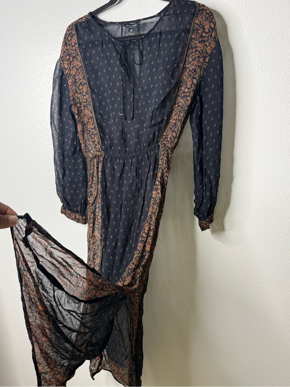 Lucky Brand Sheer Boho Midi Dress Black Brown Festival WhimsiGoth Romantic S - Picture 4 of 10